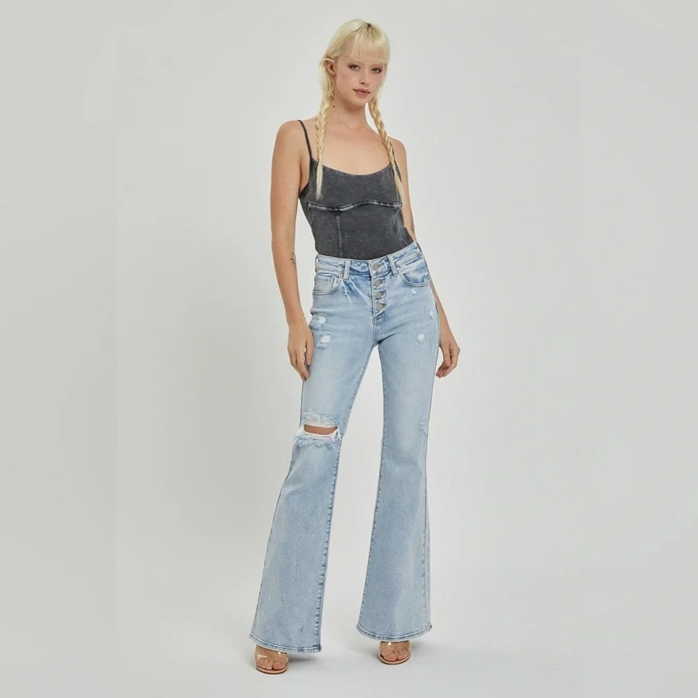 Mid Rise Button Fly Flare Jeans - Risen - Picture 1 of 6